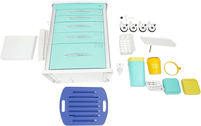 Rolling Crash Cart with Drawers & Adjustable IV Pole, Silent Casters, Needle Disposal Holder, Trash Bin, O2 Holder, Utility Trolley Cart for Clinic, Hospital, Salon, Lab, Load 176 Lbs (Green)