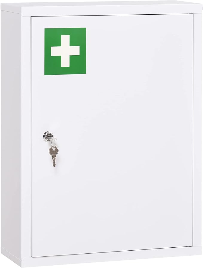kleankin 16" x 21" Wall Medicine Cabinet with Lock, 3 Tier Steel Locking Wall Cabinet for Bathroom, Kitchen with 2 Keys, White