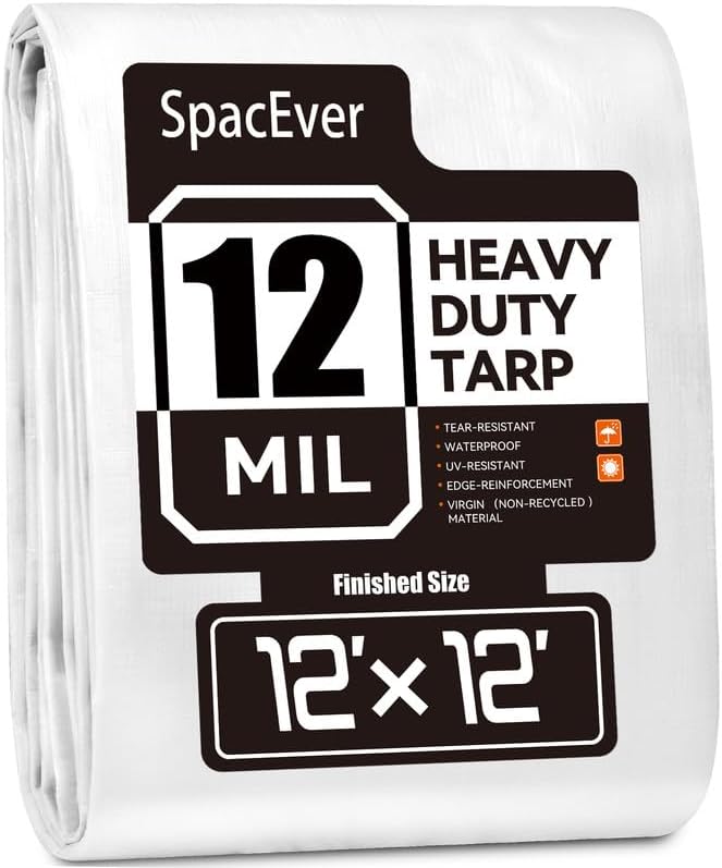 Tarp Heavy Duty 12x12 FT, 12 Mil Thick Large Tarps Water-Proof with Grommets, UV& Tear Resistant, Plastic Cover for Pool Roof Tent Outdoor Firewood, White