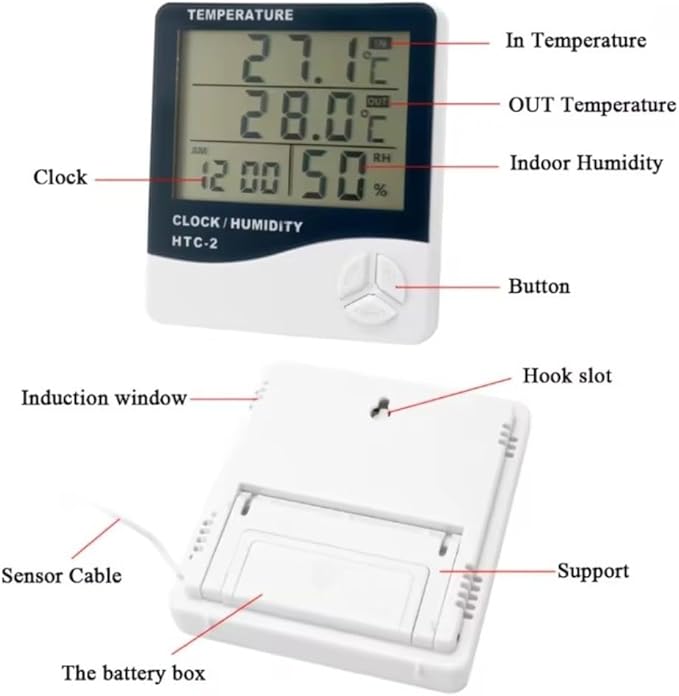 Digital Temperature and Humidity Monitor with Large LCD Display Indoor Outdoor Thermohygrometer Clock and Calendar for Home Office Garden Warehouse