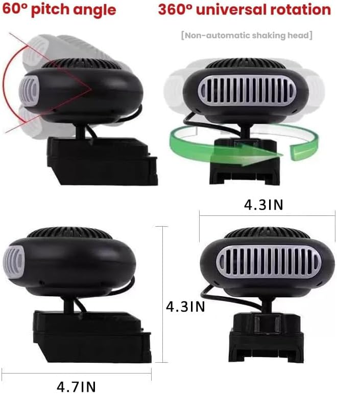 Battery Operated Heater, Battery Powered Heater, with 1500mah Batterys Anti-Tilt, Quiet Long Heating, Car Window Defogger Phone Charging for Camping/Car (Black+Battery*2)