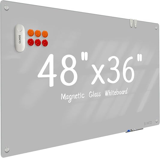Glass Whtieboard - Glass Dry Erase Board 48" x 36" Magnetic White Board Writing Board White Boards for Walls Wall Office Home, Gray