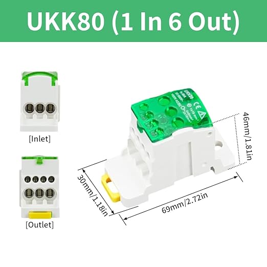 DIN Rail Distribution Box,690V 80A Positions Screw Terminal Block Junction Box Breaker Box Circuit Breaker Distribution Box for Various Power Distribution Needs (Green, 80A)
