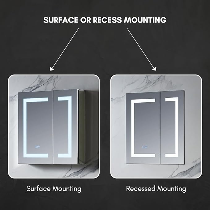 Blossom LED Medicine Cabinet Mirror for Bathroom 25x26 Inch, Recessed/Surface Mounted Lighted Medicine Cabinet with Mirror, Defogger, 3-Color Dimmer, Wall Mounted Storage Cabinet
