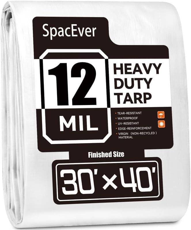Tarp Heavy Duty 30x40 FT, 12 Mil Thick Large Tarps Water-Proof with Grommets, UV& Tear Resistant, Plastic Cover for Pool Roof Tent Outdoor Firewood, White
