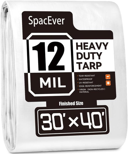 Tarp Heavy Duty 30x40 FT, 12 Mil Thick Large Tarps Water-Proof with Grommets, UV& Tear Resistant, Plastic Cover for Pool Roof Tent Outdoor Firewood, White