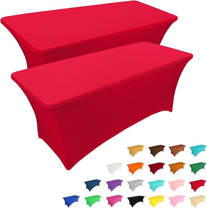 IVAPUPU 2 Pack 6FT Table Cloth for Rectangular Fitted Events Stretch Red Table Covers Washable Spandex Christmas Tablecloth Protector for Party, Wedding, Cocktail, Banquet, Festival
