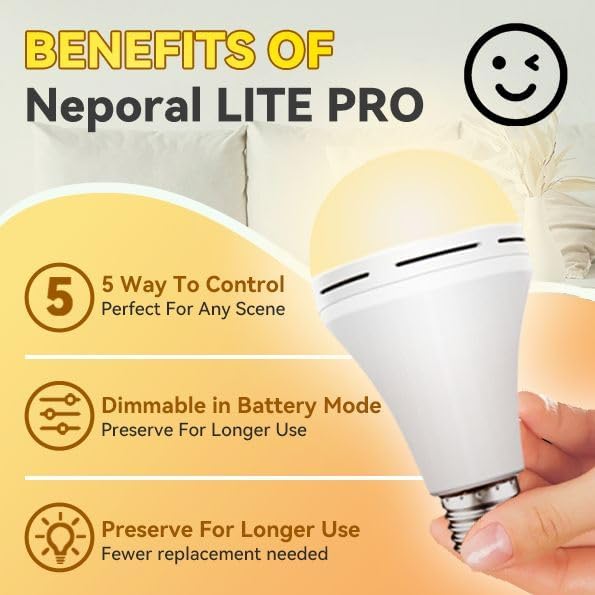 Neporal LITE PRO Battery Backup Light Bulbs, 2600mAh Rechargeable Light Bulbs, Perfect As Emergency Lights for Home Power Failure, Hurricane Prepareness Item, E26/E27
