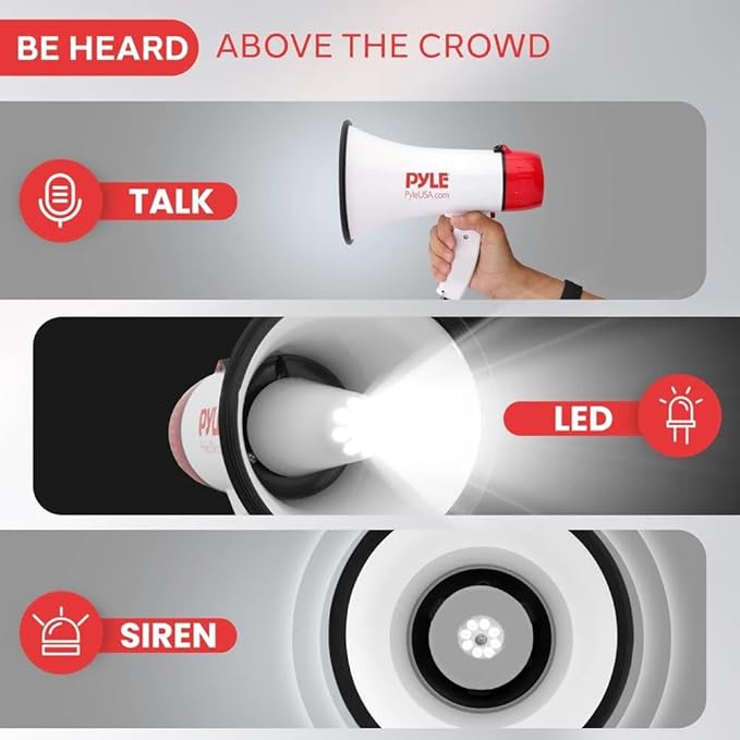 Pyle Megaphone Bull Horn Loud PA Speaker with 30W Power and Adjustable Volume Control, 800 Yard Range, Lightweight Portable Design, Ideal for Outdoor Sports, Cheerleading, and Coaches