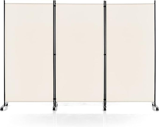 Giantex 3 Panel Folding Room Divider with Rollers White - 6 Ft Freestanding Folding Privacy for Wall Divider and Separator, 103" Wide Lightweight Portable Wall Partition Room Dividers with Wheels