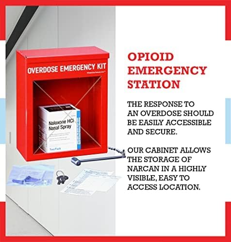 Overdose Emergency Kit Locking Cabinet & Sign Bundle - High Visibility, 22 Gauge Steel, Wall Mountable with Acrylic Window, Break Hammer & Lock/Key - Universal Capacity (Medication Not Included)
