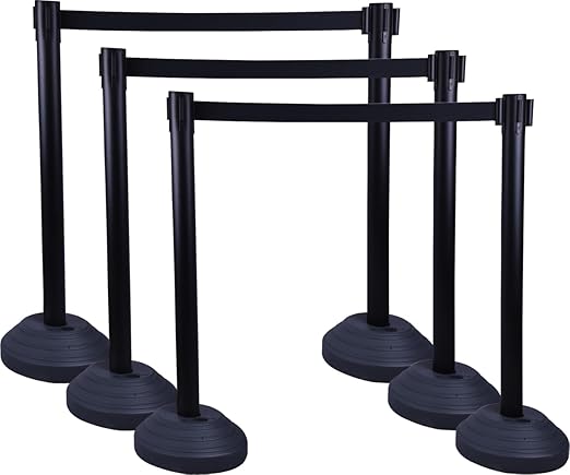 6 Pack 42Inch Crowd Control Stanchions with 10ft Black Retractable Belt Crowd Control Barriers 13 Inch Water-Filled Base Retractable Stanchions for Traffic Control (Black)