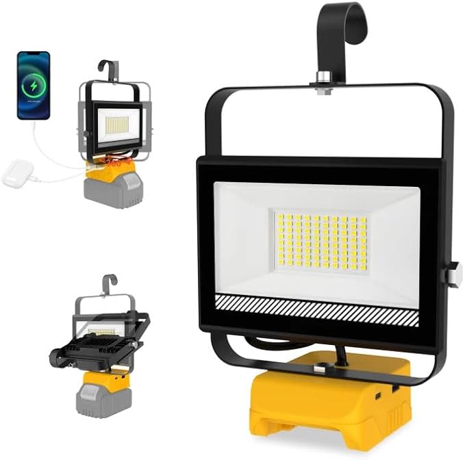 60W 6000LM Cordless Work Light for Dewalt 20V Battery (Battery Not Included), Portable LED Flashlgiht Flood Light with USB &Type C Charging for Job Site, Emergency, Fishing, Camping