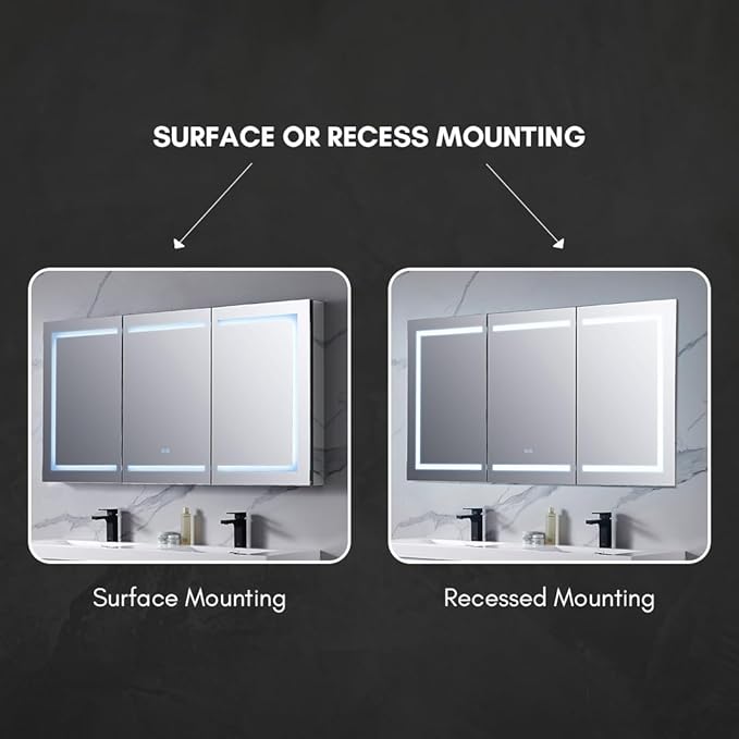 Blossom 60-Inch LED Lighted Mirror Medicine Cabinet - Recessed or Surface Mount Bathroom Cabinet - One Touch Built-in Defogger - Dimmer - Makeup Mirror - 3 Adjustable Glass Shelves