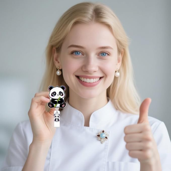 Cute Panda Badge Reel for ID Card, Funny Animal Panda Retractable Nurse Alligator Clip Badge Reel for Women, ID Name Tag Badge Holder for Office School Hospital Nurses Doctors Teachers