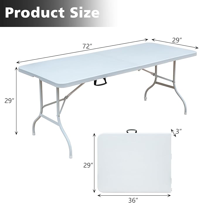 Portable 6Ft Plastic Folding Table, Heavy Duty 6ft Fold-in-Half Table with Carrying Handle, 6' Folding Utility Foldable Table for Picnic Party Camping Kitchen, Indoor/Outdoor (White)