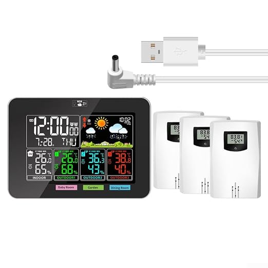 Digital Weather Station with 3 Sensors,for Indoor and Outdoor Temperature and Humidity Monitoring, Barometric Pressure Forecast, USB Powered