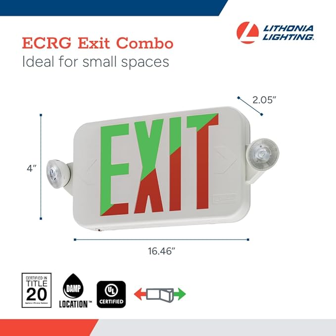 Lithonia Lighting Basics LED Exit Sign/Emergency Light Combo, Red/Green Switchable Exit Sign and Emergency Lights for Business, 2-Head Fixture, Round Lamp Heads, White (ECRG RD M6)