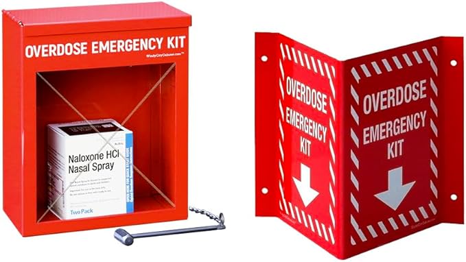 Overdose Emergency Kit Locking Cabinet & Sign Bundle - High Visibility, 22 Gauge Steel, Wall Mountable with Acrylic Window, Break Hammer & Lock/Key - Universal Capacity (Medication Not Included)