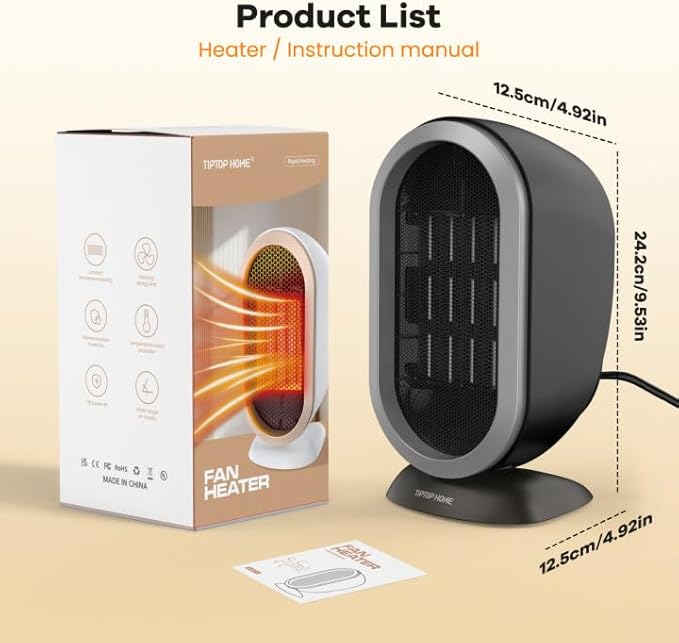 Space Heater, 1200W PTC Fast Heating Ceramic Room Small Heater, Two-Speed Portable Heater Fan with Adjustable, Overheating Protection, Dumping Shutdown, Electric Heaters for Home Bedroom, Office