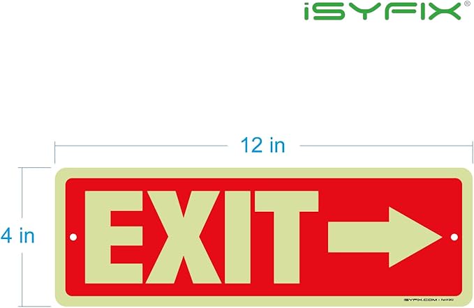 iSYFIX Exit Signs with Directional Right Arrow, Glow in the Dark, Photoluminescent Aluminum 12x4 Inch - 2 Pack, Laminated for UV & Weather Resistance, Ideal for Offices, Schools, Theaters & More