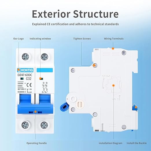 32 Amp Miniature DC Circuit Breaker 500V 2 Pole, Solar PV Disconnect Switch with Thermal Magnetic Trip, DIN Rail Mount Isolator C32