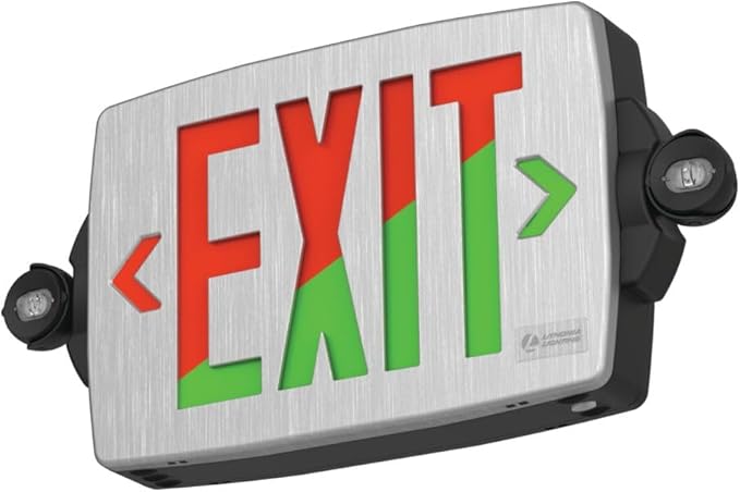 Lithonia Lighting Quantum LED Exit Sign Emergency Light Combo, Exit Sign and Emergency Lights for Business, 2-Head Fixture, Red/Green Selectable Letters, Brushed Silver (LHQM S BBS RG MVOLT M6)