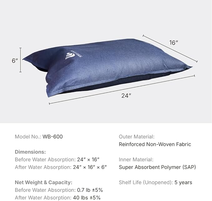 WEIBAO Standard Tech Sandbags - 5 Pack (24" x 16"), Dark Blue | WB-600-A | Water-Activated Flood Barriers, Sandless Sandbags, Absorbent Water Blocker