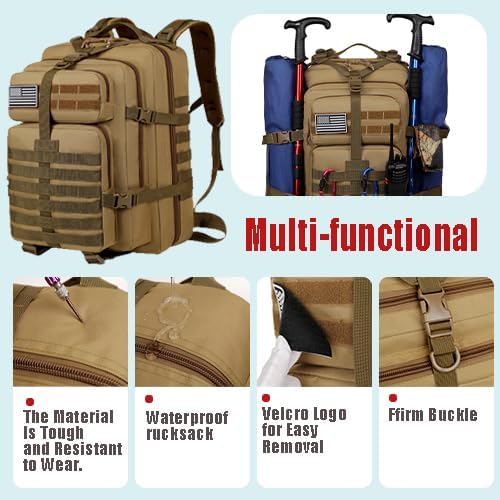 Military Tactical Backpack, Large Black MOLLE Assault Pack with American Flag Patch, 45L Waterproof Rucksack for Outdoor Hiking Camping (Brown)
