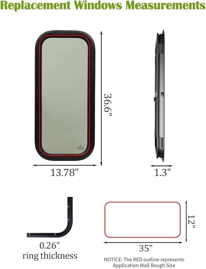 12"x35" Fixed RV Window | DOT & E-Mark Certified Tempered Glass, Aluminum Frame, 1.56" Thickness | Versatile Install, All-Weather, Energy-Efficient, Complete Kit