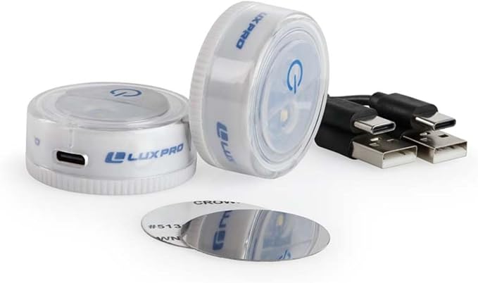 LUXPRO Waterproof Micro LED Rechargeable Puck Lights - Adhesive Lighting Ideal for Under Cabinets, in Tackle Boxes, or On Bookcases - Compact Rechargeable Push Tap Light - 2 Pack (Rechargable)