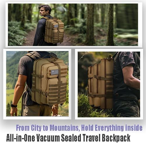 Military Tactical Backpack, Large Black MOLLE Assault Pack with American Flag Patch, 45L Waterproof Rucksack for Outdoor Hiking Camping (Black)