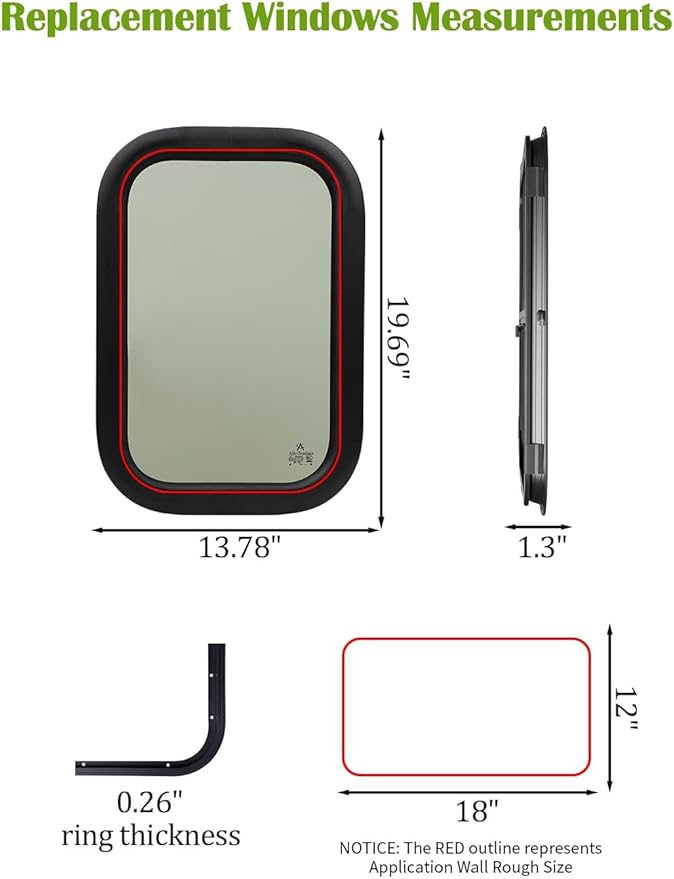 12"x18" Fixed RV Window | DOT & E-Mark Certified Tempered Glass, Aluminum Frame, 1.56" Thickness | Versatile Install, All-Weather, Energy-Efficient, Complete Kit
