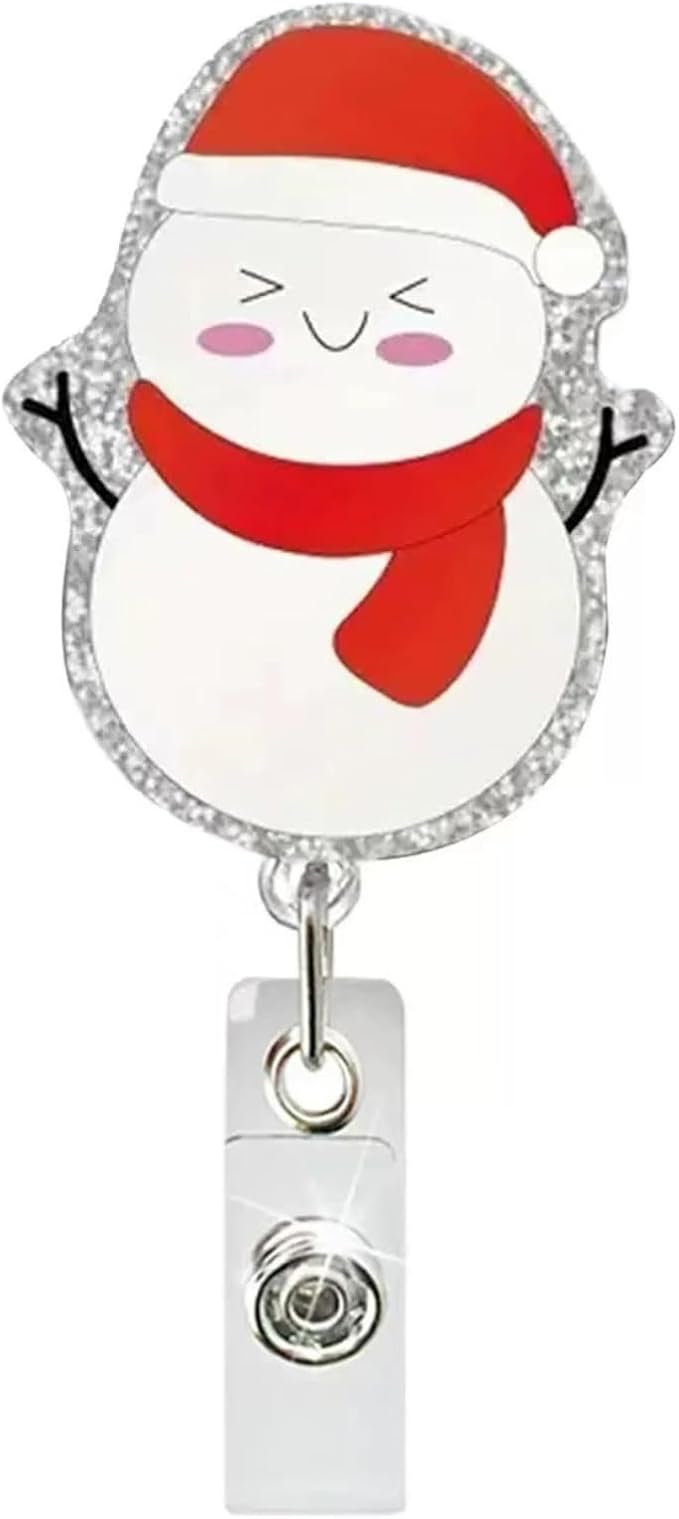 Christmas Badge Holder Snowman Retractable ID Badge Reel with Alligator Clip Glitter Snowman Acrylic Badge Reels with Hat ID Name Tag for Nurse Nursing Student Office Teacher Holiday Badge Accessories