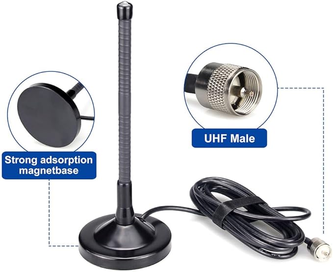CB Radio Antenna with Magnetic Base, BNC Male Connector, 27MHz Mobile Antenna Compatible with AnyTone, Cobra CB Radio and Other Popular Models, 9-inch Height, Heavy Duty Magnet, for Cars and Trucks