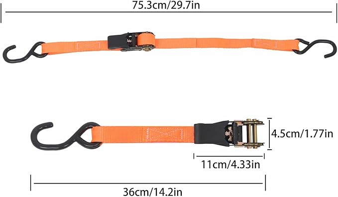findmall 2Pcs 4Ft Ratchet Strap 1 Inch Fracture Strength 2400Lbs Orange S Hooks Tie Down Straps for Moving Motorcycle, Appliances, Equipment