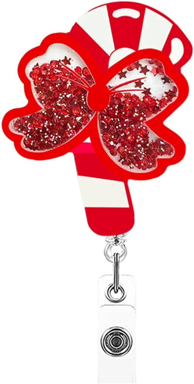Red Christmas Cane Badge Reel Cute Candy Canes Badge Holder Retractable ID Card Clip Quicksand Sequins Badge Reels Nurse Name Tag Holder Acrylic Xmas Badge Reel Clip for Doctor Student Teacher Office