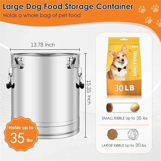 Stainless Steel Dog Food Storage Container,30LB/35LB Airtight Dog Food Storage Container with Lid to Keep Fresh,Easy Clean Large Pet Food Storage Container with Scoop for Cat Food,Chicken Feed,Rice