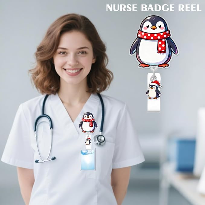 Cute Penguin Badge Reel for ID Card, Funny Christmas Winter Penguin Retractable Nurse Alligator Clip Badge Reel for Women, ID Name Tag Badge Holder for Office School Hospital Nurses Doctors Teachers
