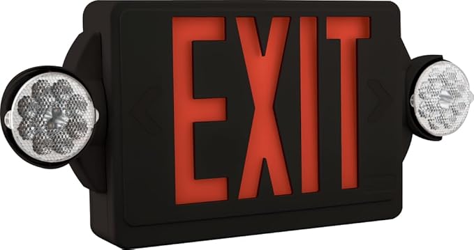 Lithonia Lighting LHQM Quantum LED Exit Sign/Emergency Light Combo, Exit Sign and Emergency Lights for Business, 2-Head Fixture, Red Letters, 180 Lumens, MVolt, 4 Watts, Black