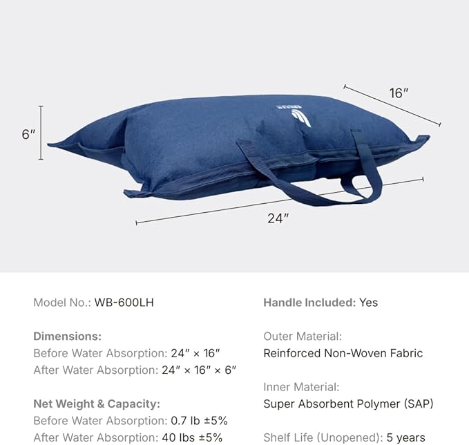WEIBAO Standard Tech Sandbag with Handles - 5 Pack (24" x 16"), Dark Blue | WB-600LH-A | Water-Activated Flood Barriers, Sandless Sandbags, Absorbent Water Blocker