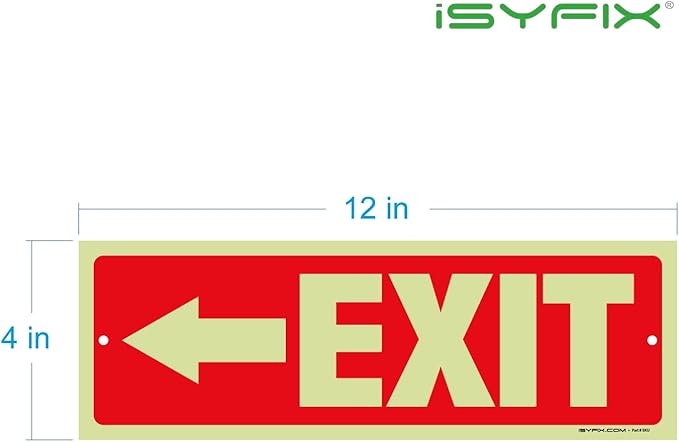 iSYFIX Exit Signs with Directional Left Arrow - 6 Pack 12x4 Inch Glow in the Dark for Business, School, Office, Warehouse - Durable 40 Mil Polystyrene, UV Laminated, Waterproof, Scratch & Fade Resistant