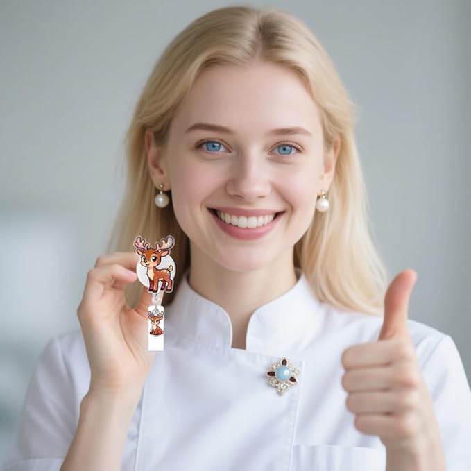 Cute Elk Badge Reel for ID Card, Funny Animal Christmas Elk Retractable Nurse Alligator Clip Badge Reel for Women, ID Name Tag Badge Holder for Office School Hospital Nurses Doctors Teachers