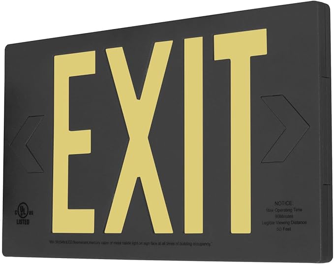 LFI Lights® UL 924 Listed 50’ Photoluminescent Exit Sign, Black Thermoplastic Housing, Double Sided, Wall, Ceiling or Side Mount, Optional Arrows, Glow in the Dark, No Power or Battery Needed, PA3B50D