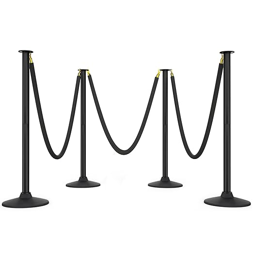 BATTIFE Plastic Stanchion Posts with Three Black Velvet Ropes and Weighted Rubber-Plastic Base, Crowd Control and Queue Management Barrier Poles for Party, Event, Red Carpet (4 Pack)