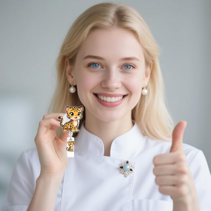 Cute Leopard Badge Reel for ID Card, Funny Leopard Retractable Nurse Alligator Clip Badge Reel for Women, ID Name Tag Badge Holder for Office School Hospital Nurses Doctors Teachers