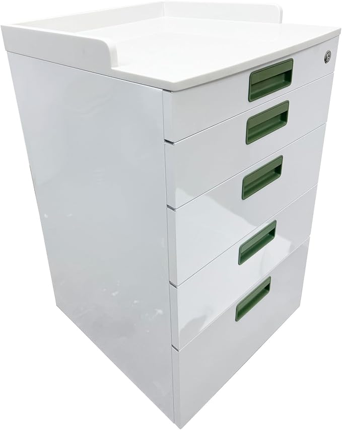 4 Drawer Dental Assistant's Mobile Cabinet Stainless Steel Office File Storage Cart Moving Side Cabinet Mobile Utility Storage Cart with 2 Trays for Dental Medical Office White and Green