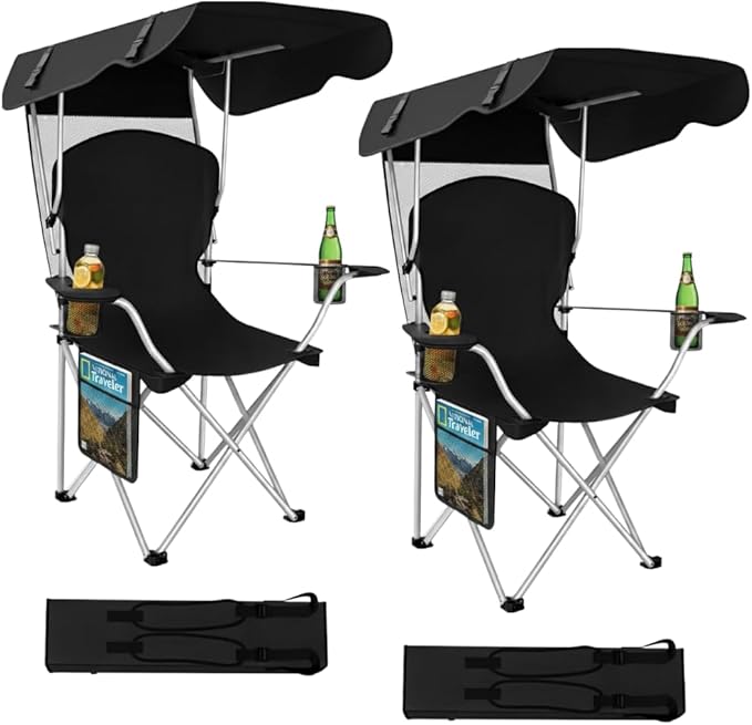 Portable Folding Camping Chairs with Canopy Shade, Beach Chair for Adults, Durable Weather Resistant 600D Oxford Cloth, Camping Chair with Canopy for Outdoors [Black-2 Pack]