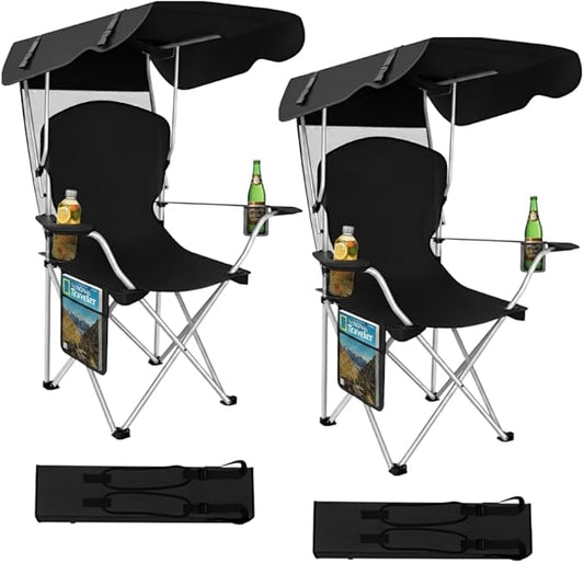 Portable Folding Camping Chairs with Canopy Shade, Beach Chair for Adults, Durable Weather Resistant 600D Oxford Cloth, Camping Chair with Canopy for Outdoors [Black-2 Pack]
