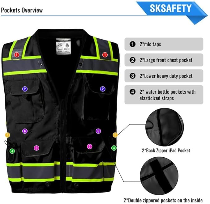 SKSAFETY 12 Pockets Professional level Safety Vest, Class 2 High Visibility Vest, ANSI/ISEA